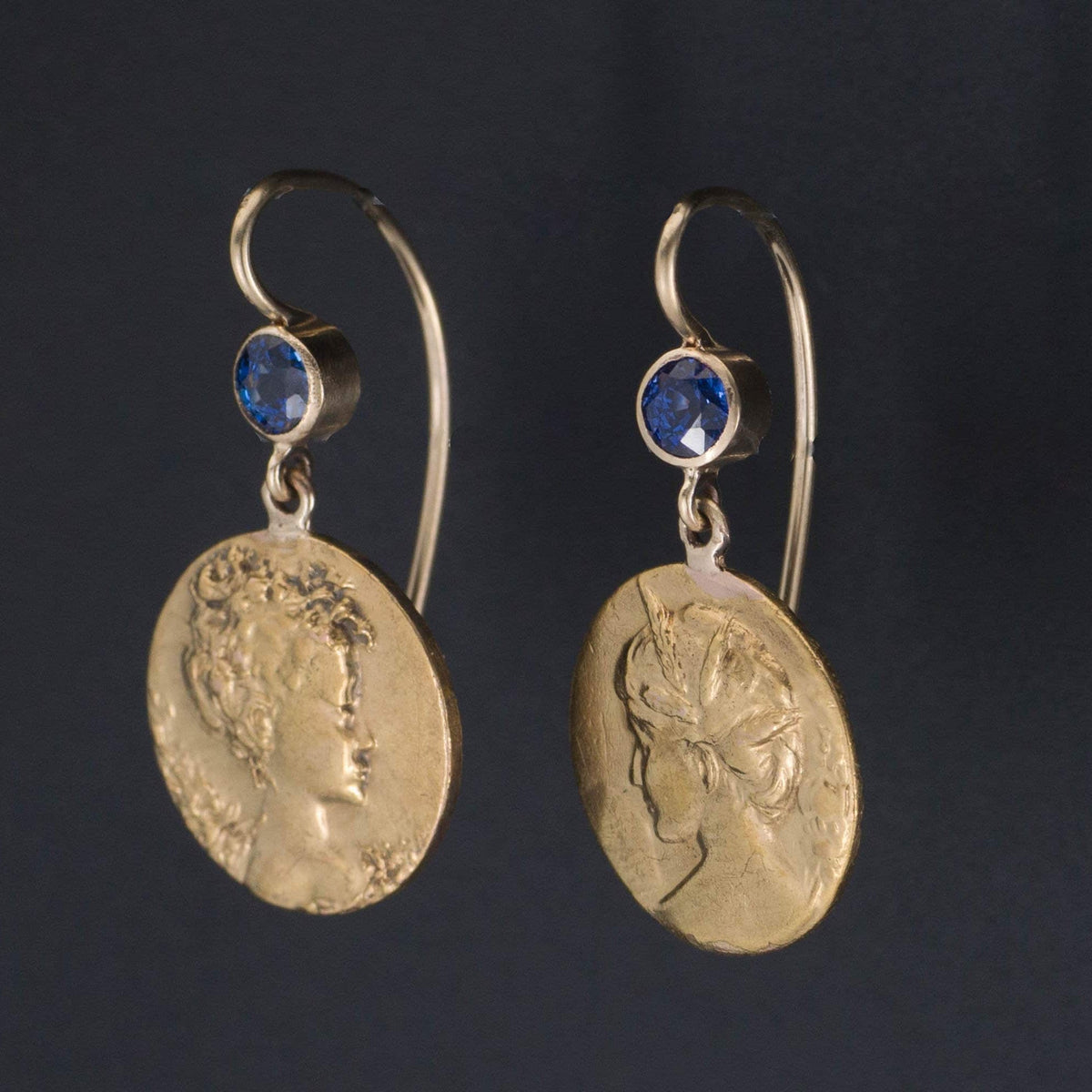 Art Nouveau Lady Earrings | Gold &amp; Sapphire Earrings - Trademark Antiques