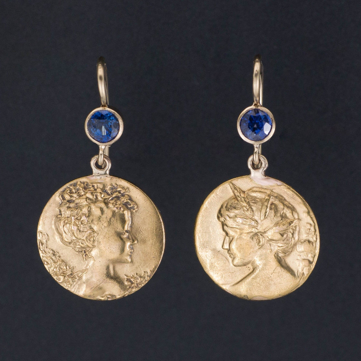 Art Nouveau Lady Earrings | Gold &amp; Sapphire Earrings - Trademark Antiques