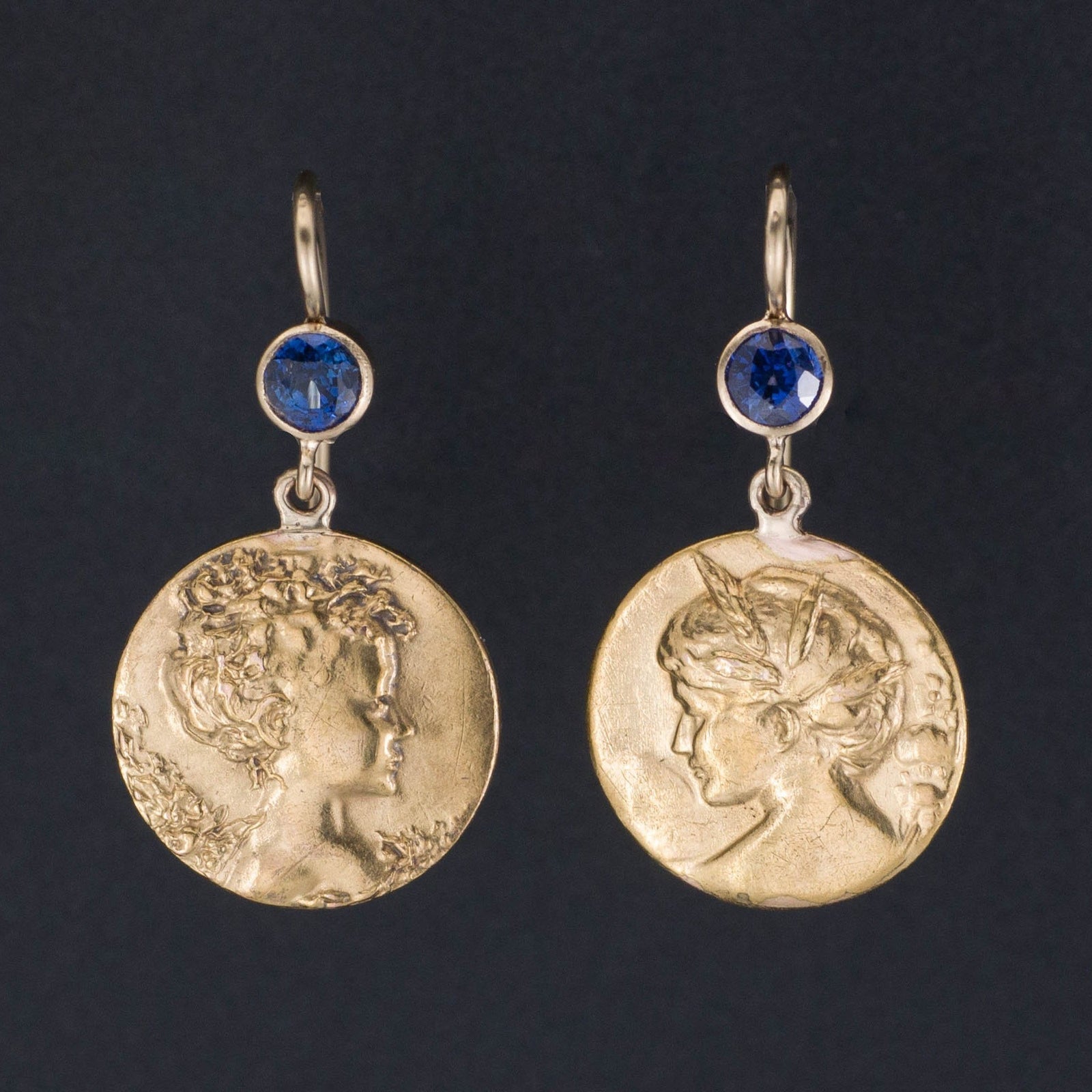 Art Nouveau Lady Earrings | Gold & Sapphire Earrings - Trademark Antiques