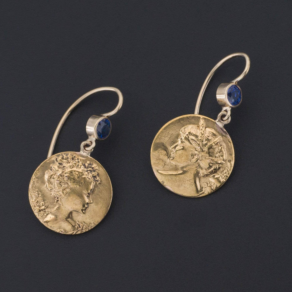 Art Nouveau Lady Earrings | Gold &amp; Sapphire Earrings - Trademark Antiques