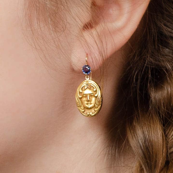 Art Nouveau Sapphire Woman Conversion Earrings of 14k Gold - Trademark Antiques