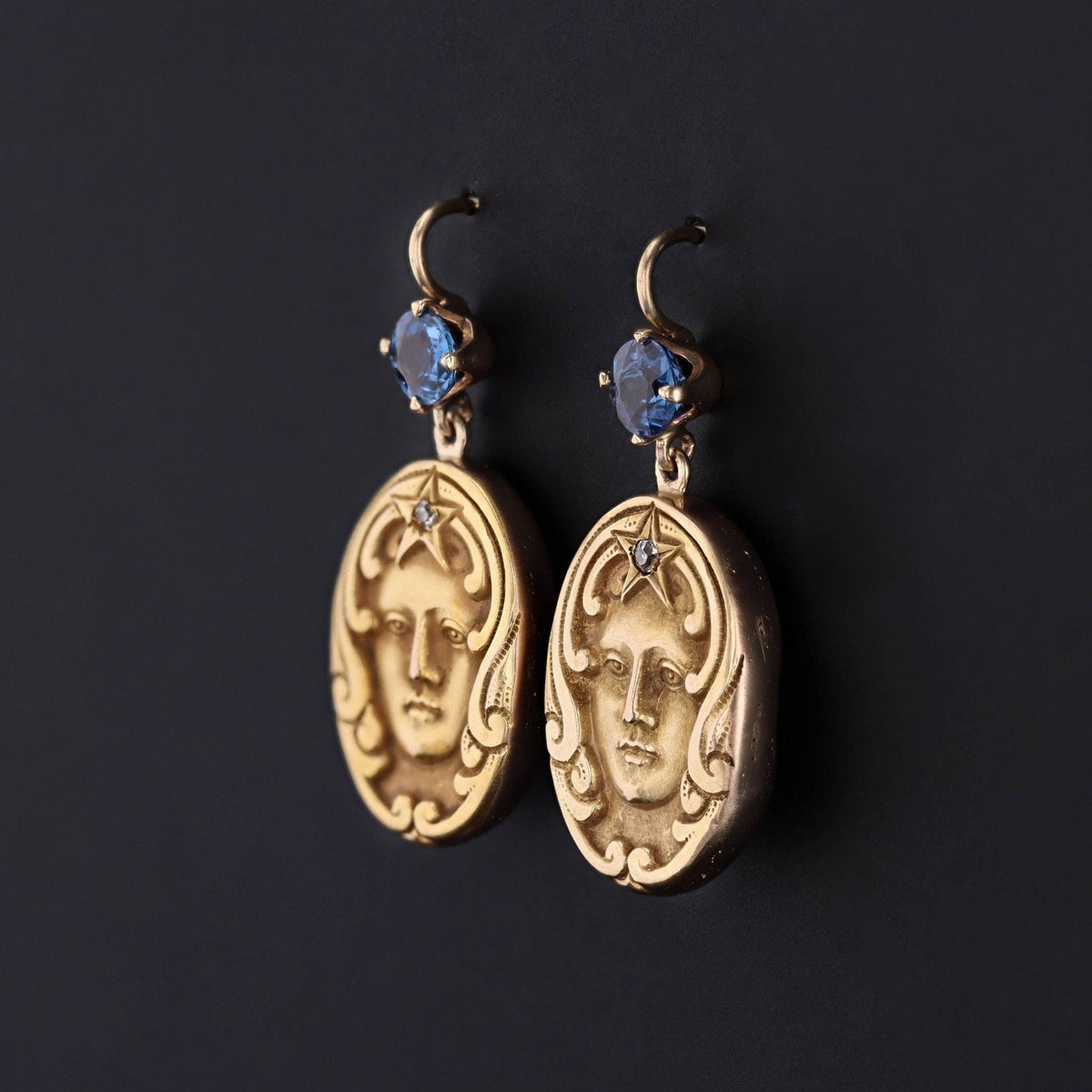 Art Nouveau Sapphire Woman Conversion Earrings of 14k Gold - Trademark Antiques