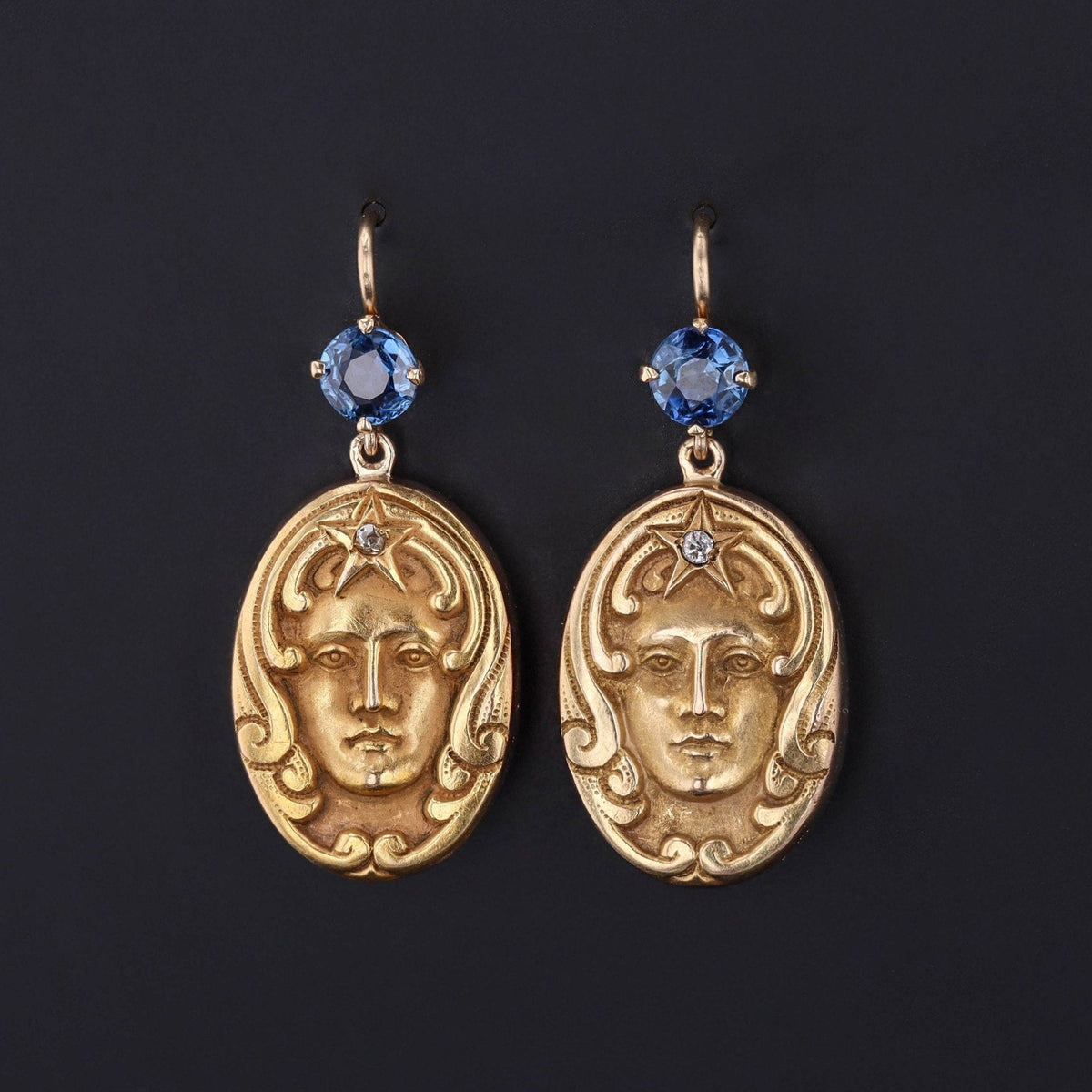 Art Nouveau Sapphire Woman Conversion Earrings of 14k Gold - Trademark Antiques