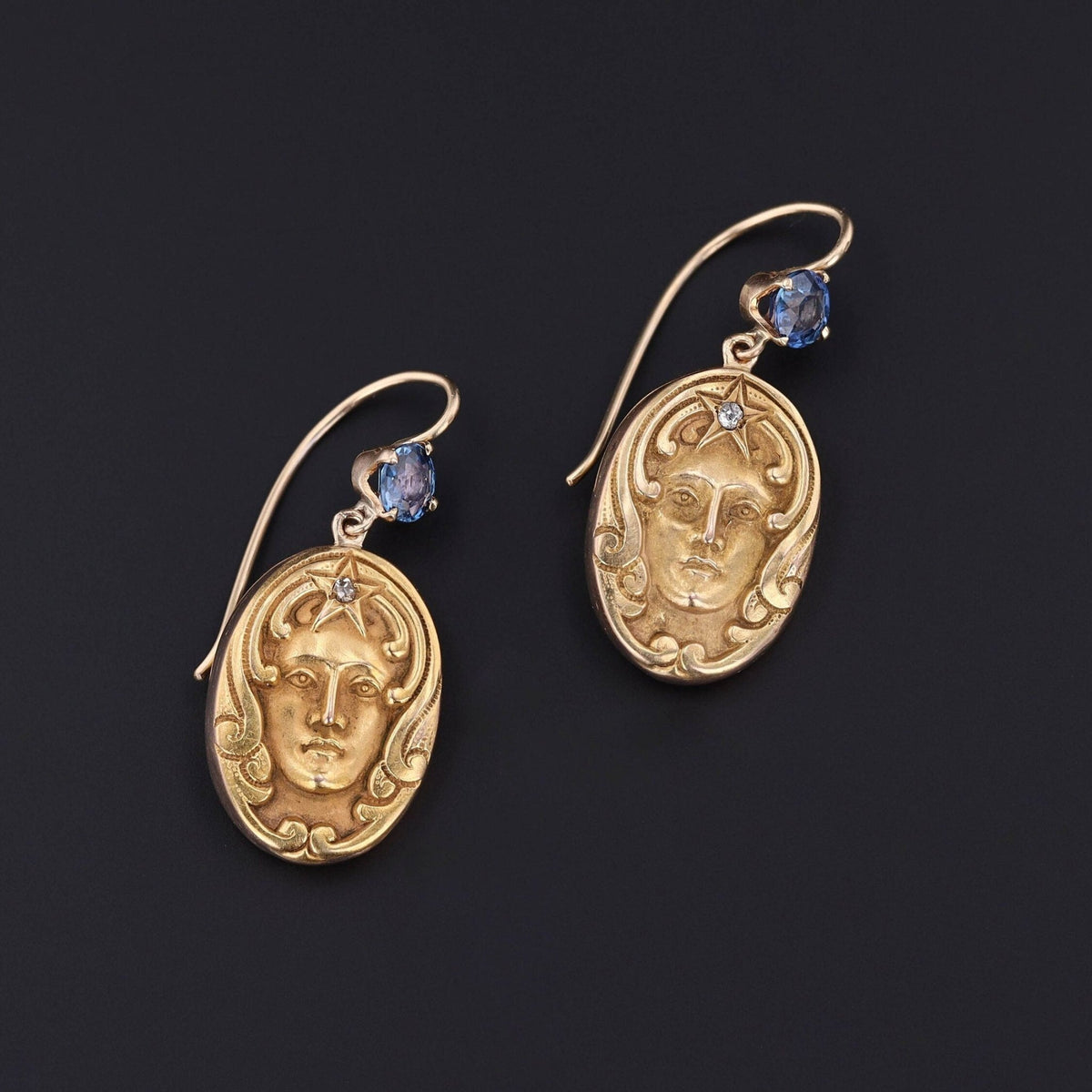 Art Nouveau Sapphire Woman Conversion Earrings of 14k Gold - Trademark Antiques