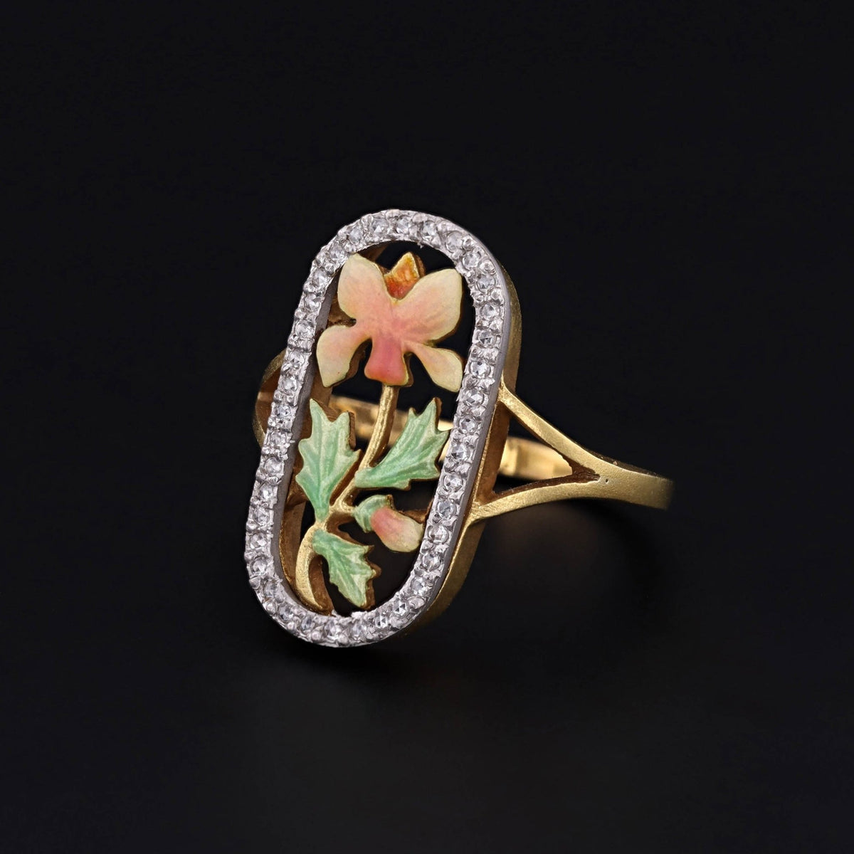 Art Nouveau Style Enamel and Diamond Iris Ring of 18k Gold - Trademark Antiques