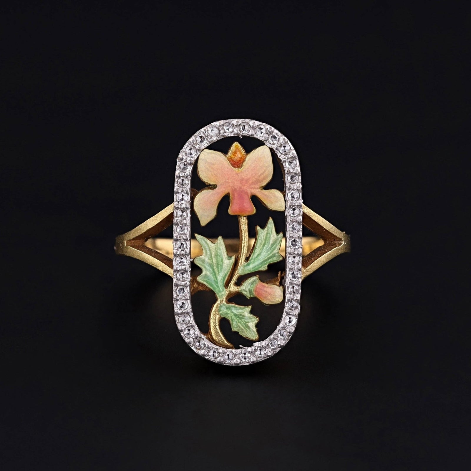 Art Nouveau Style Enamel and Diamond Iris Ring of 18k Gold - Trademark Antiques
