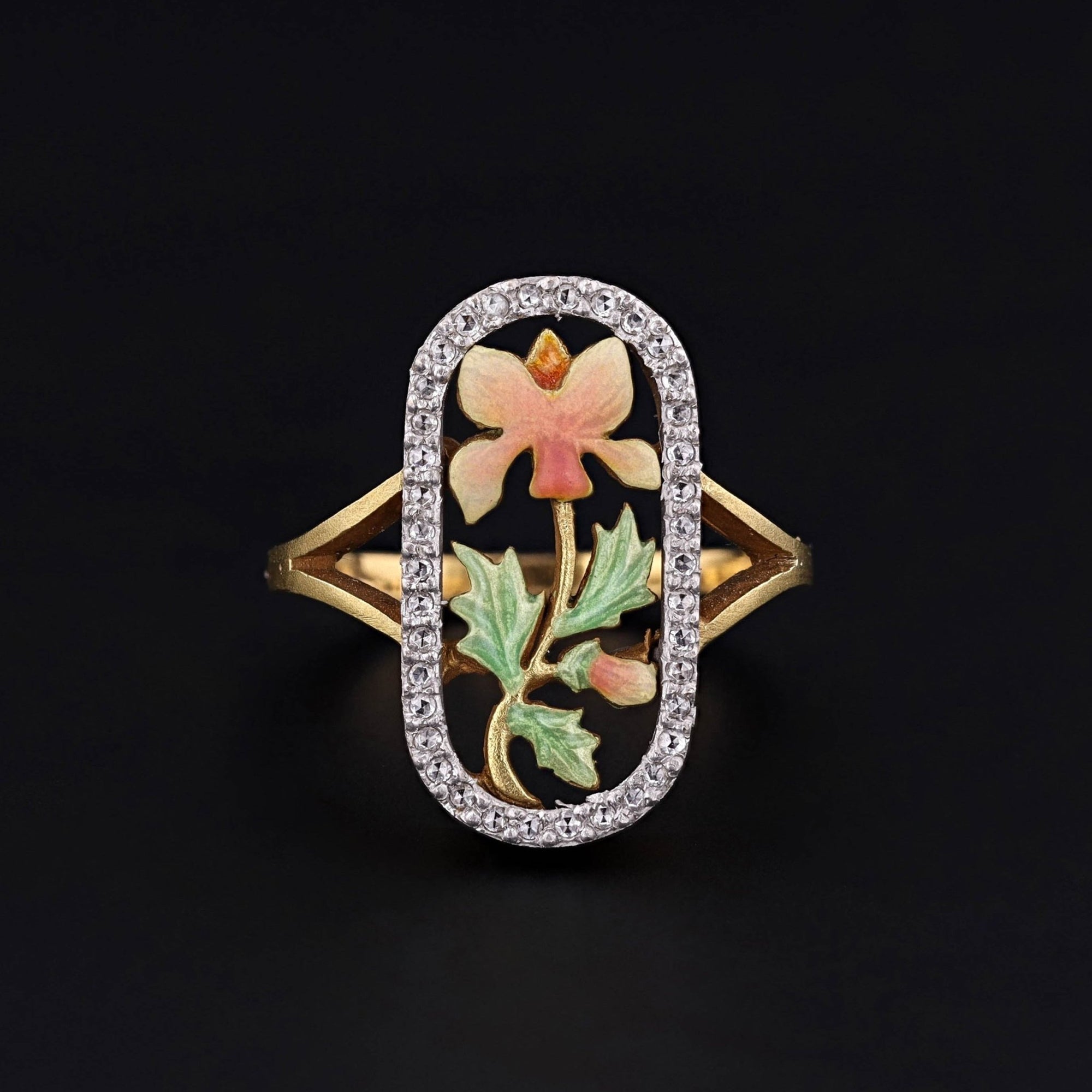 Art Nouveau Style Enamel and Diamond Iris Ring of 18k Gold - Trademark Antiques
