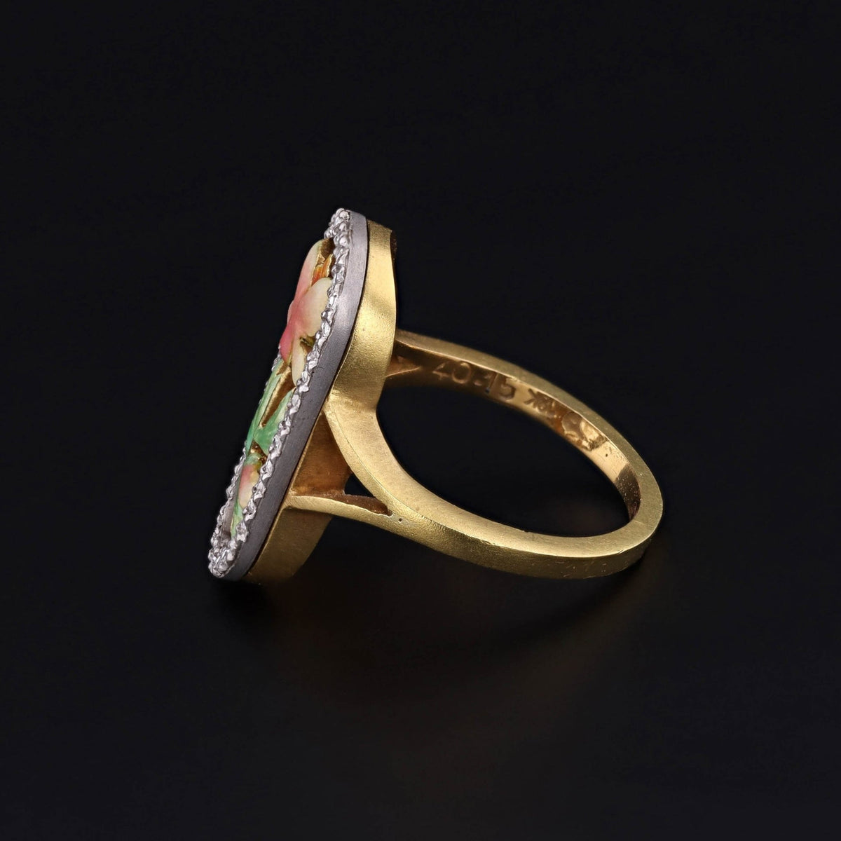 Art Nouveau Style Enamel and Diamond Iris Ring of 18k Gold - Trademark Antiques
