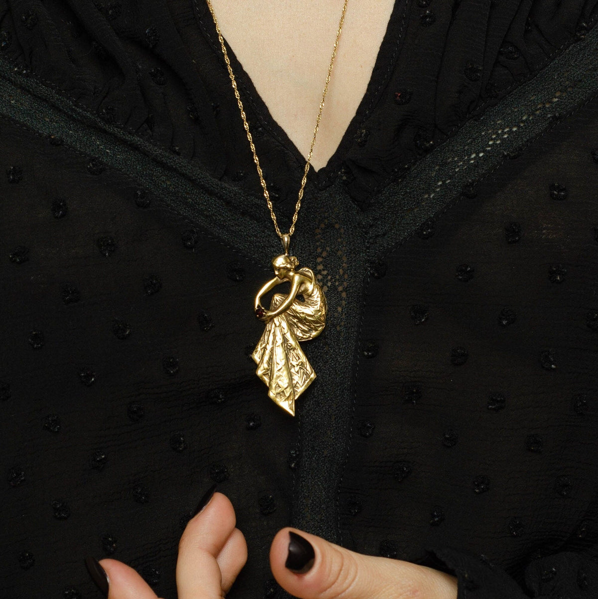 Art Nouveau Style Pendant | Woman with Garnet Pendant - Trademark Antiques