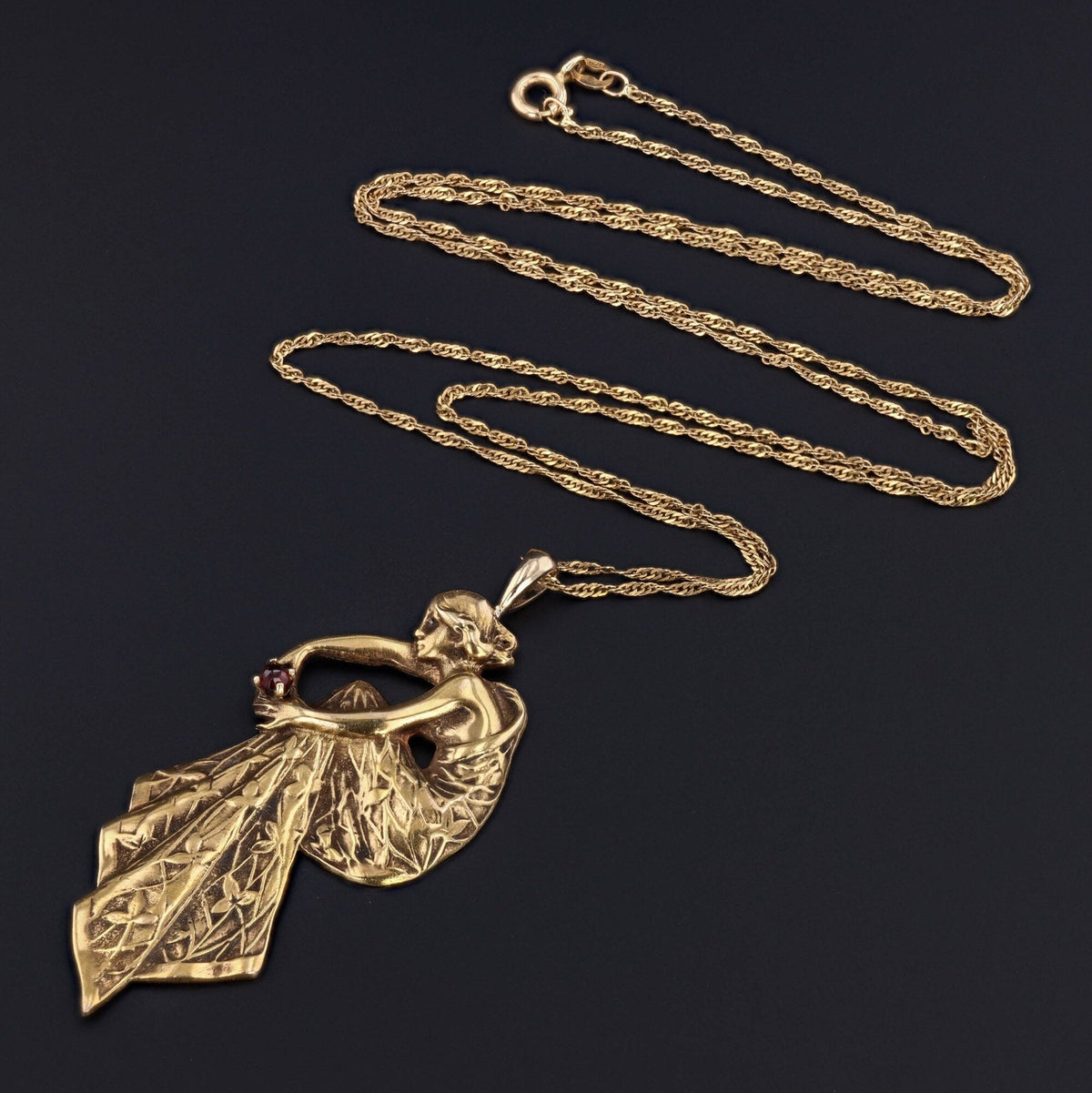 Art Nouveau Style Pendant | Woman with Garnet Pendant - Trademark Antiques