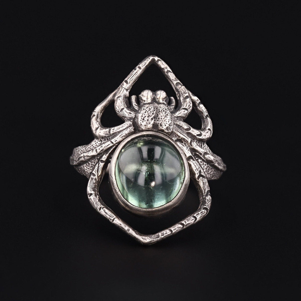 Art Nouveau Style Reproduction Silver and Green Tourmaline Spider Ring of Sterling Silver - Trademark Antiques