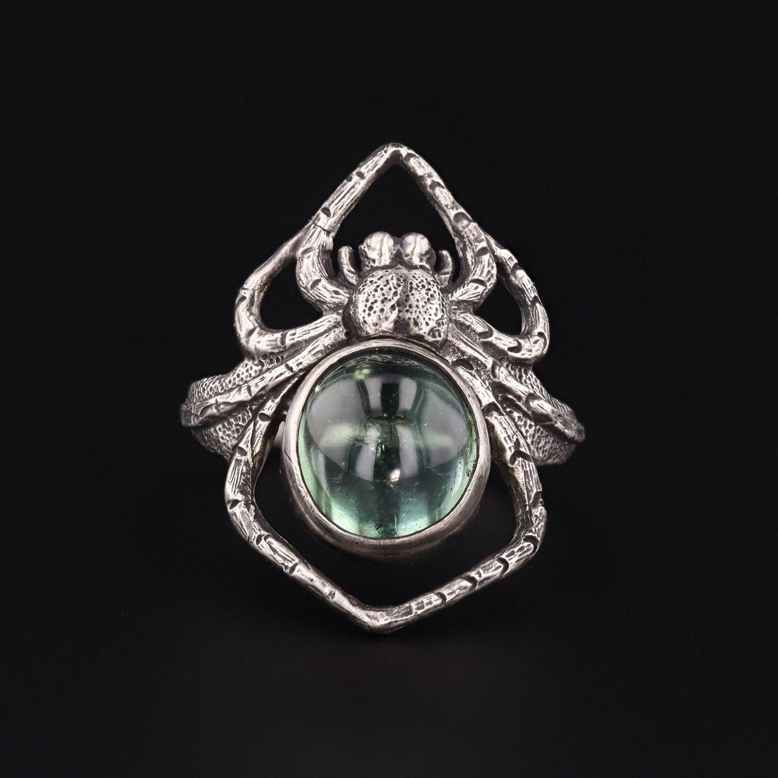 Art Nouveau Style Reproduction Silver and Green Tourmaline Spider Ring of Sterling Silver - Trademark Antiques