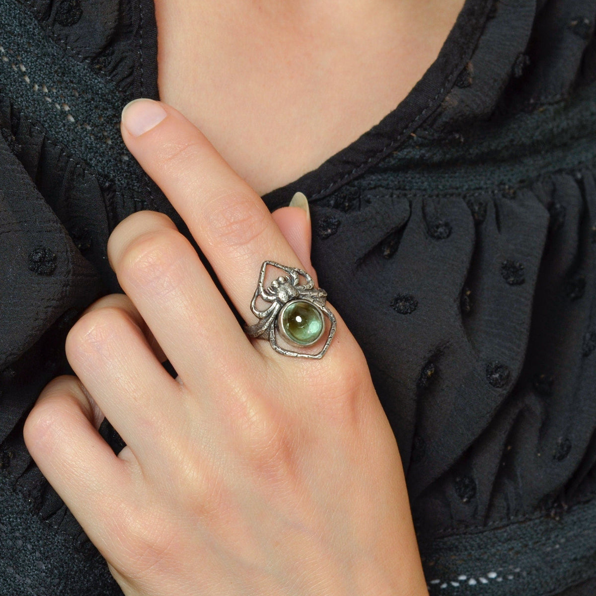 Art Nouveau Style Reproduction Silver and Green Tourmaline Spider Ring of Sterling Silver - Trademark Antiques