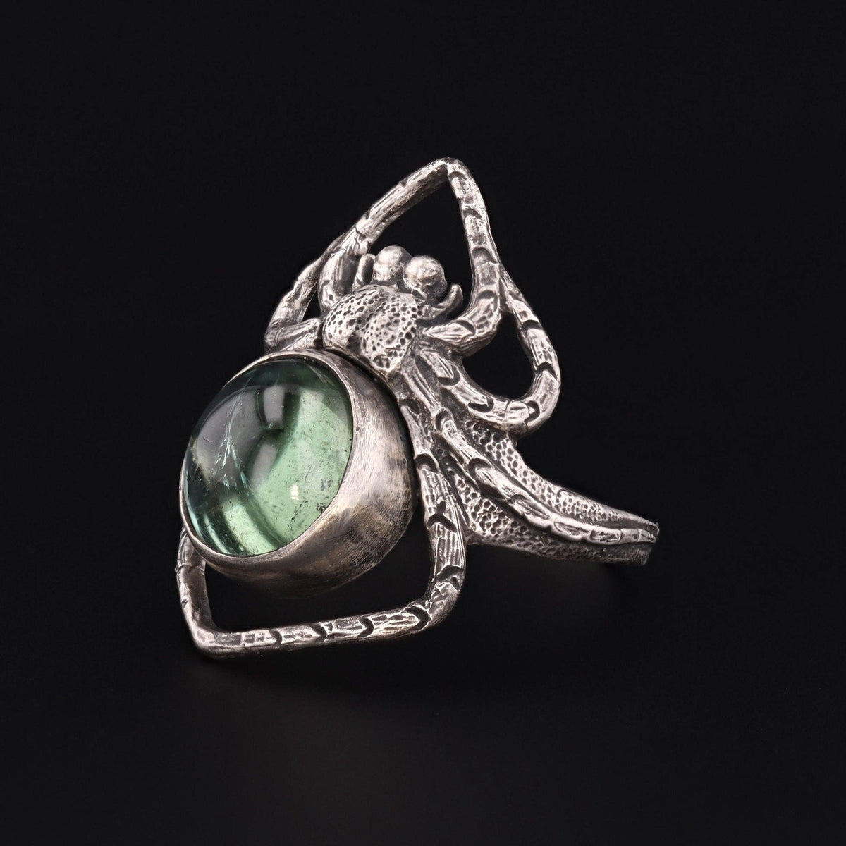 Art Nouveau Style Reproduction Silver and Green Tourmaline Spider Ring of Sterling Silver - Trademark Antiques