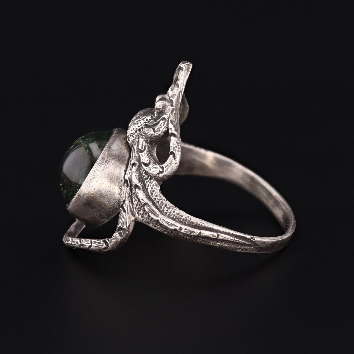Art Nouveau Style Reproduction Silver and Green Tourmaline Spider Ring of Sterling Silver - Trademark Antiques