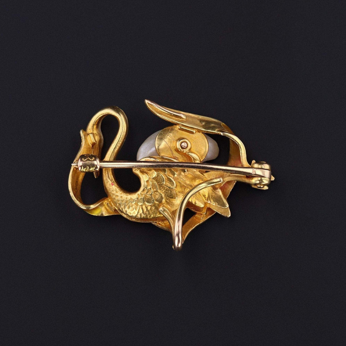 Art Nouveau Swan Pin or Brooch by Krementz | Antique 14k Gold &amp; Pearl Swan Pin - Trademark Antiques