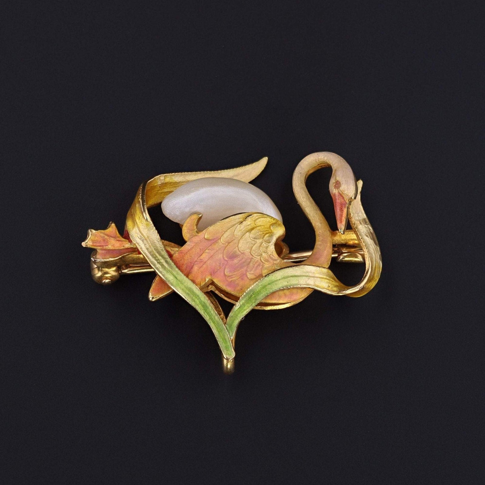 Art Nouveau Swan Pin or Brooch by Krementz | Antique 14k Gold & Pearl Swan Pin - Trademark Antiques