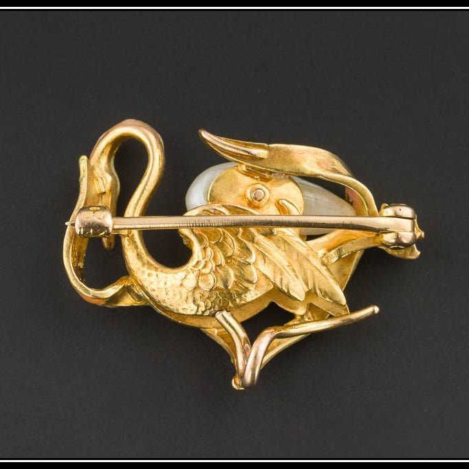 Art Nouveau Swan Pin or Brooch by Krementz | Antique 14k Gold &amp; Pearl Swan Pin - Trademark Antiques