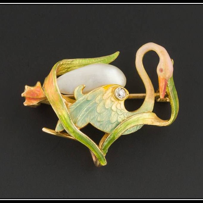 Art Nouveau Swan Pin or Brooch by Krementz | Antique 14k Gold &amp; Pearl Swan Pin - Trademark Antiques