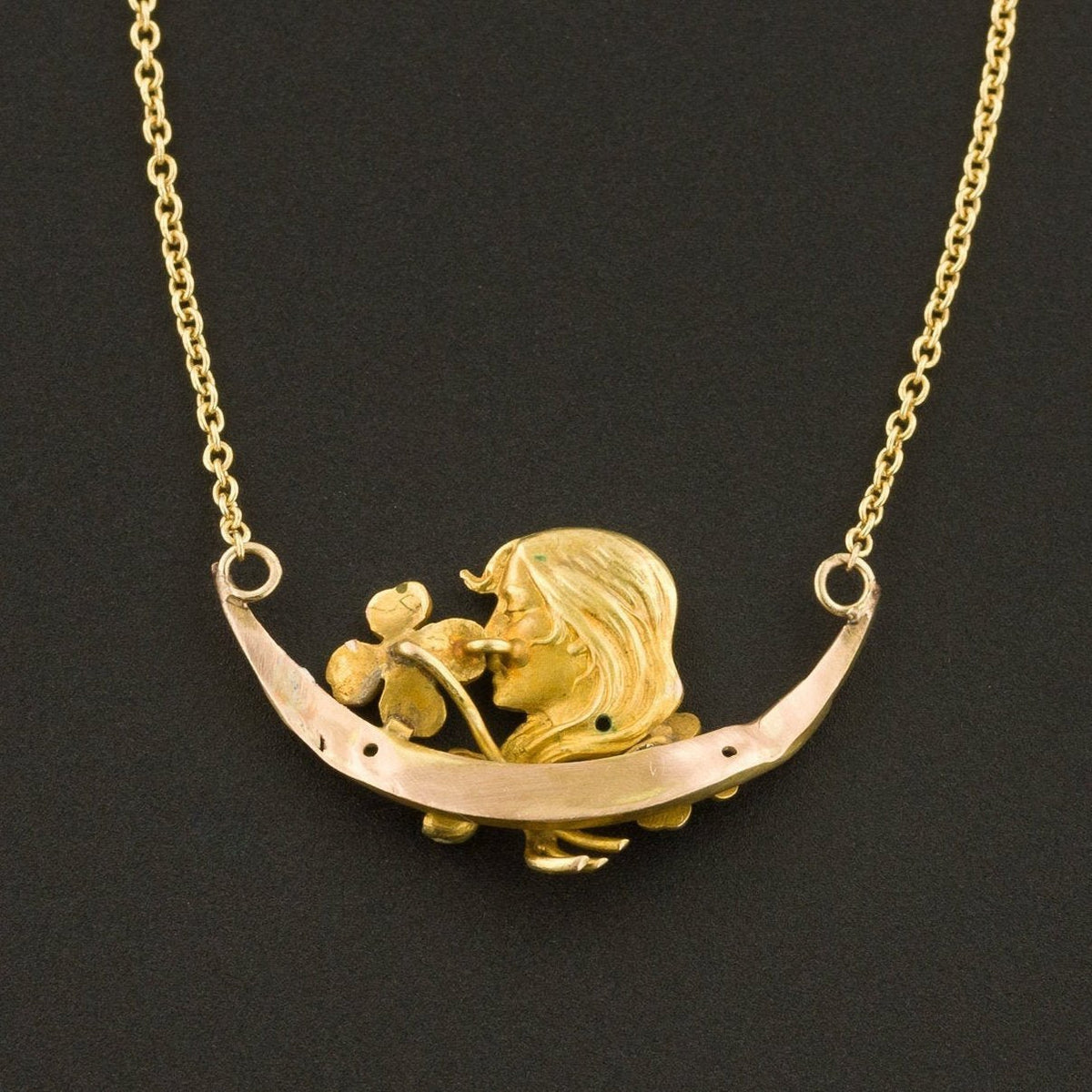 Art Nouveau Woman with Clovers Necklace | 14k Gold Necklace - Trademark Antiques