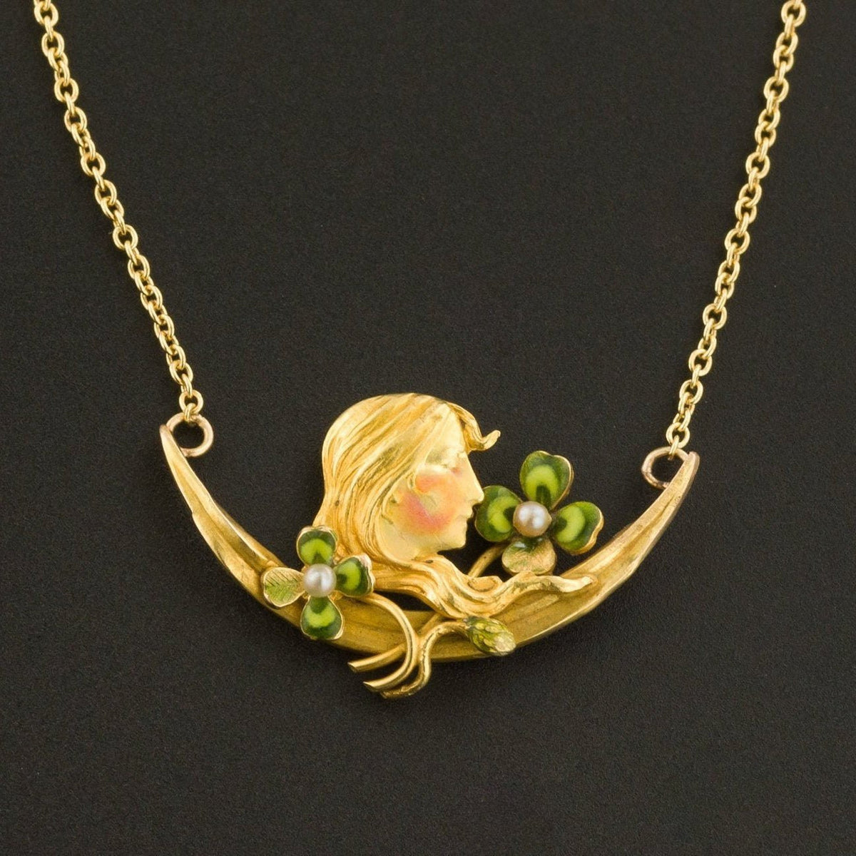Art Nouveau Woman with Clovers Necklace | 14k Gold Necklace - Trademark Antiques