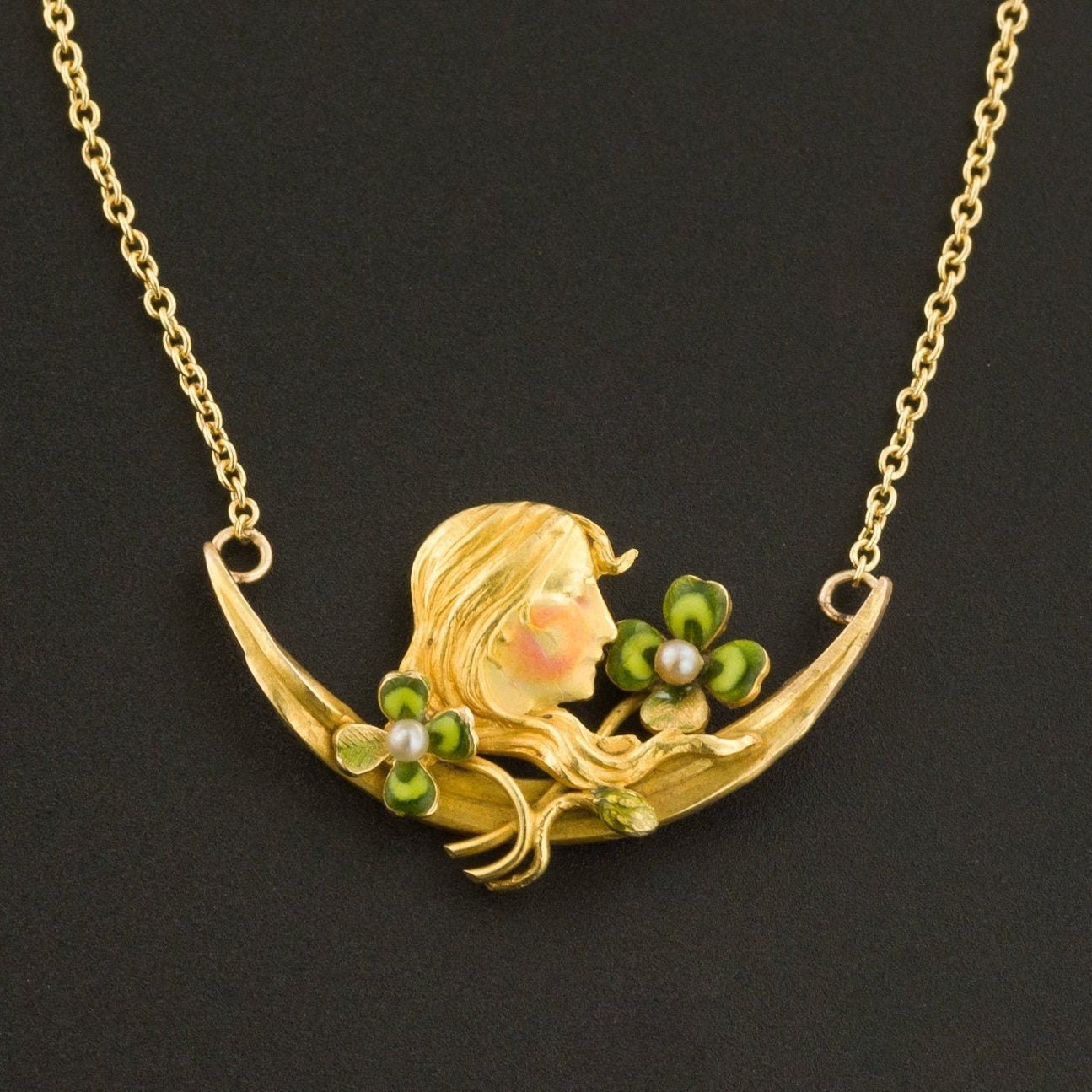Art Nouveau Woman with Clovers Necklace | 14k Gold Necklace - Trademark Antiques