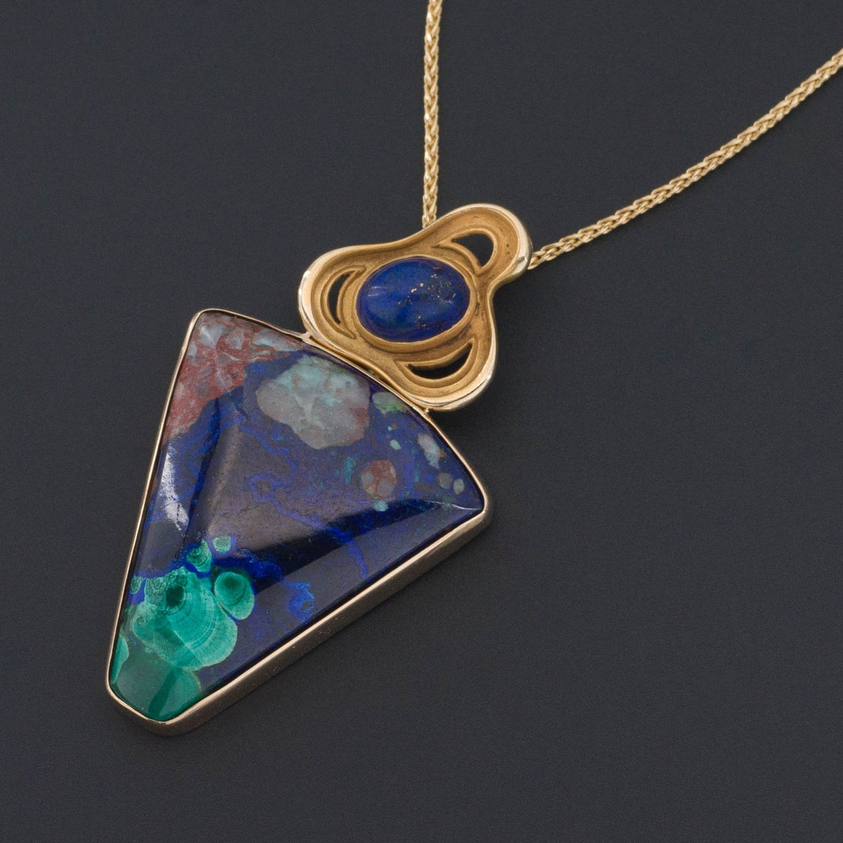 Azurite Malachite &amp; Lapis Pendant | 14k Gold Pendant on Optional 14k Chain - Trademark Antiques