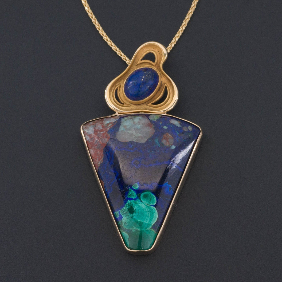 Azurite Malachite &amp; Lapis Pendant | 14k Gold Pendant on Optional 14k Chain - Trademark Antiques