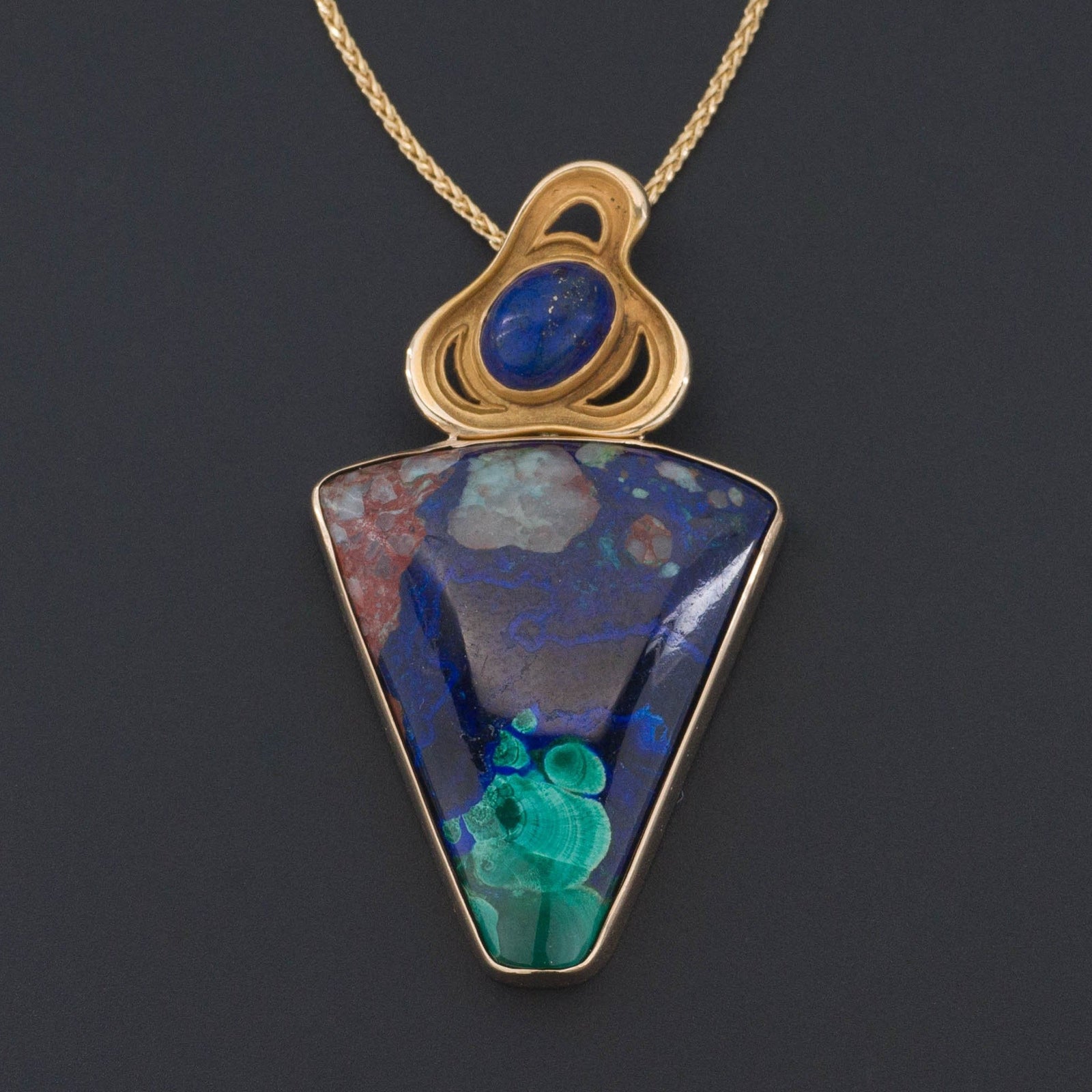 Azurite Malachite & Lapis Pendant | 14k Gold Pendant on Optional 14k Chain - Trademark Antiques