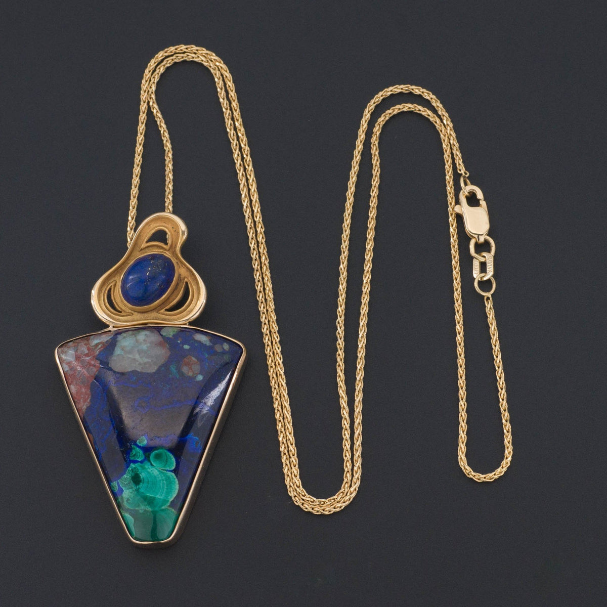 Azurite Malachite &amp; Lapis Pendant | 14k Gold Pendant on Optional 14k Chain - Trademark Antiques