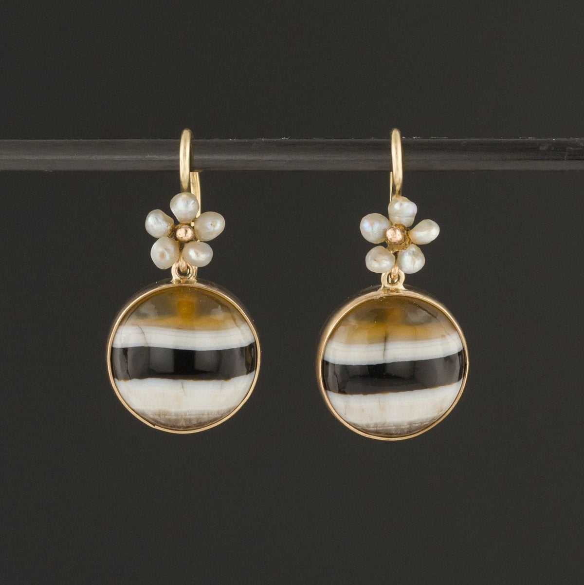 Banded Agate Earrings | Pearl Flower Earrings - Trademark Antiques