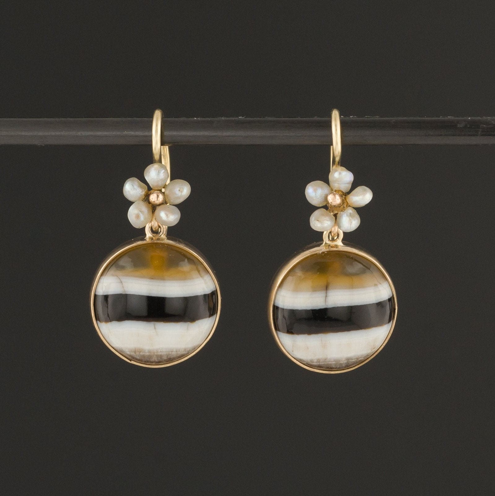 Banded Agate Earrings | Pearl Flower Earrings - Trademark Antiques
