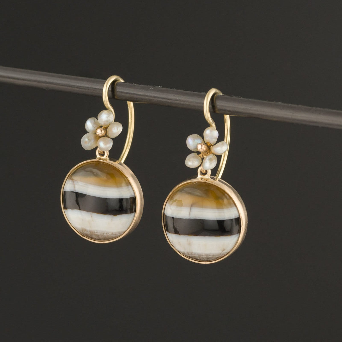 Banded Agate Earrings | Pearl Flower Earrings - Trademark Antiques