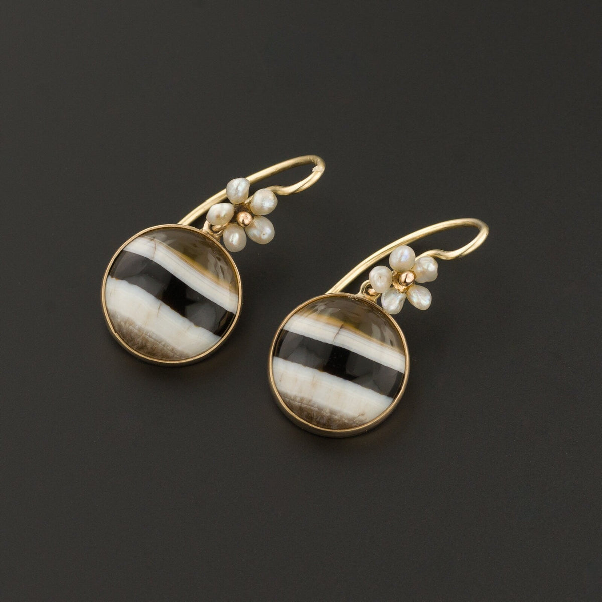 Banded Agate Earrings | Pearl Flower Earrings - Trademark Antiques