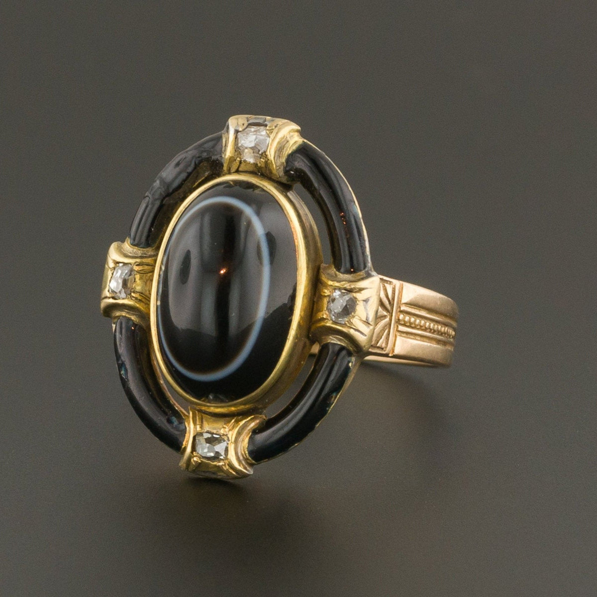 Banded Agate Ring | 14k Gold Agate Diamond &amp; Enamel Ring - Trademark Antiques