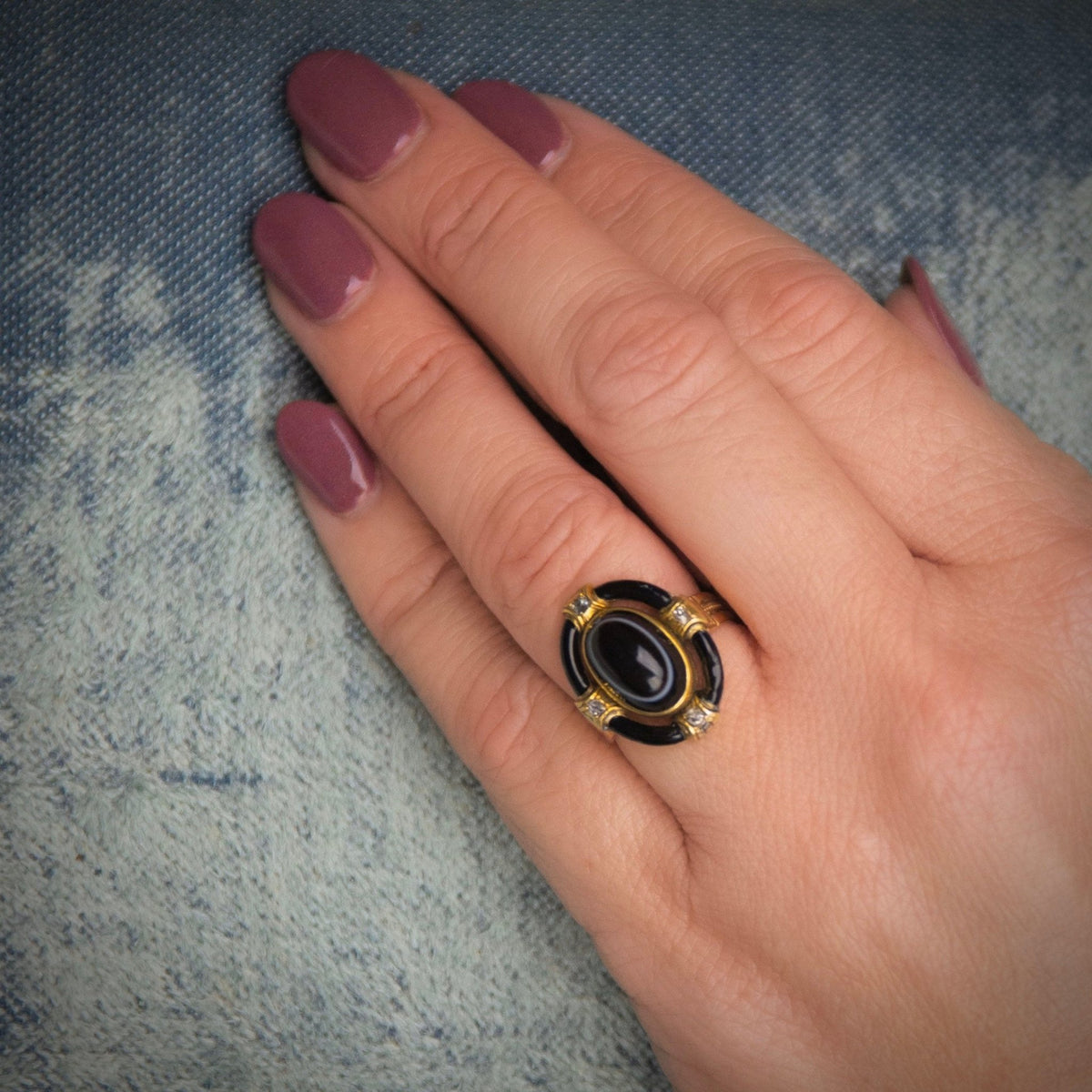 Banded Agate Ring | 14k Gold Agate Diamond &amp; Enamel Ring - Trademark Antiques