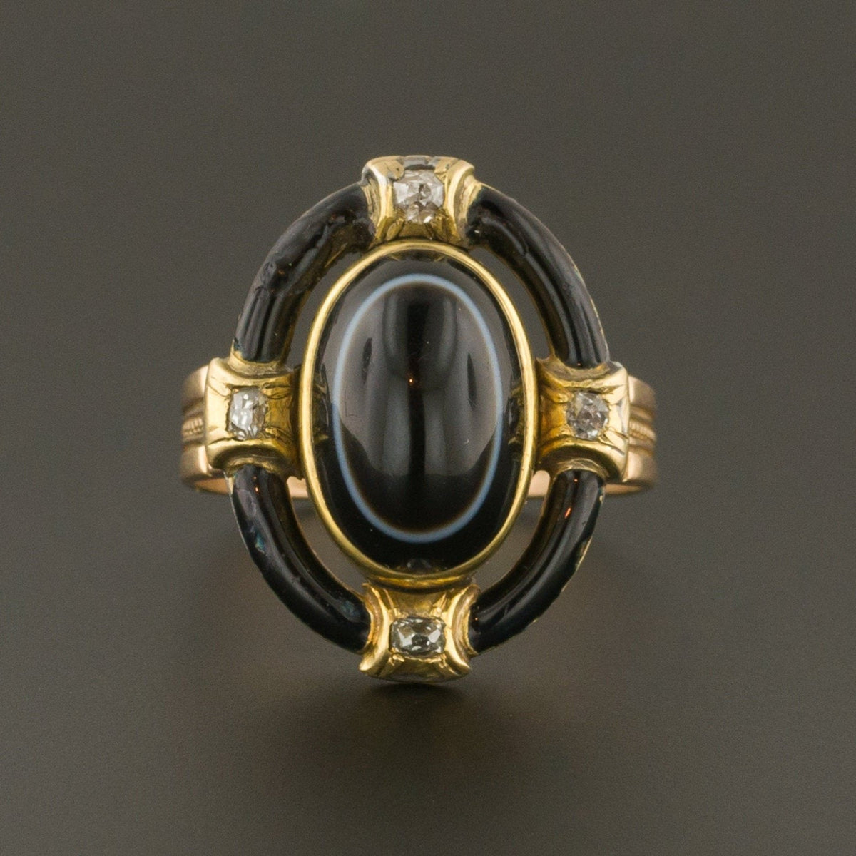 Banded Agate Ring | 14k Gold Agate Diamond &amp; Enamel Ring - Trademark Antiques