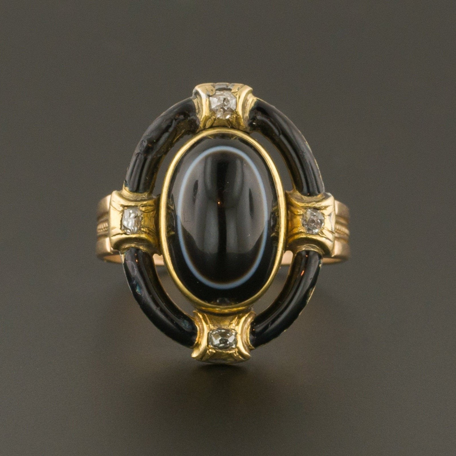 Banded Agate Ring | 14k Gold Agate Diamond & Enamel Ring - Trademark Antiques