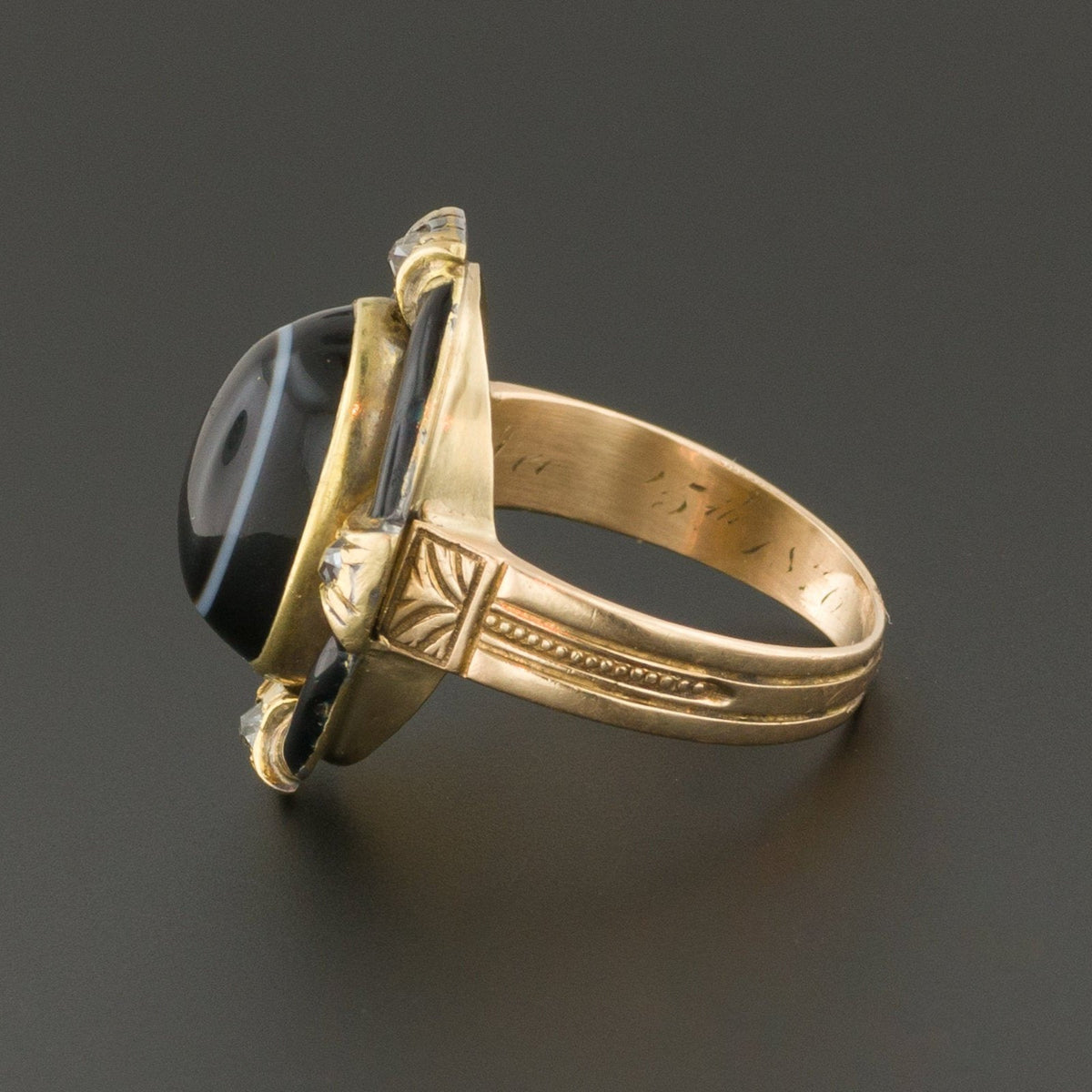 Banded Agate Ring | 14k Gold Agate Diamond &amp; Enamel Ring - Trademark Antiques