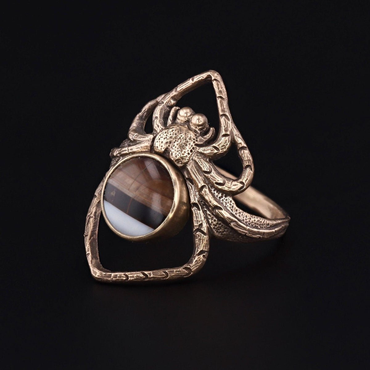 Banded Agate Spider Ring of 14k Gold Antique Reproduction - Trademark Antiques