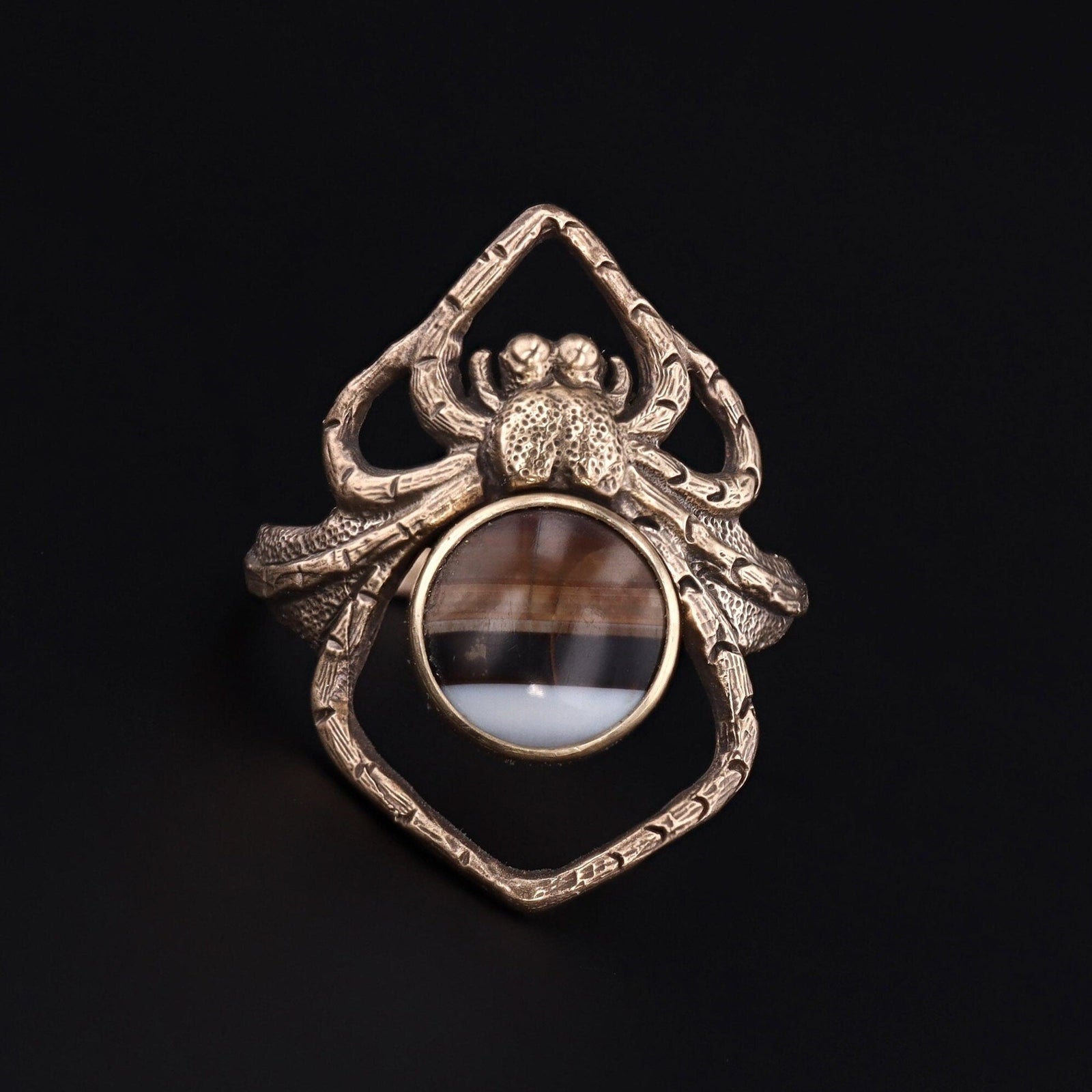 Banded Agate Spider Ring of 14k Gold Antique Reproduction - Trademark Antiques