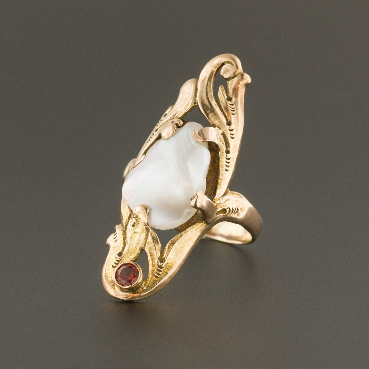 Baroque Pearl &amp; Garnet Ring | 10k Gold Ring - Trademark Antiques