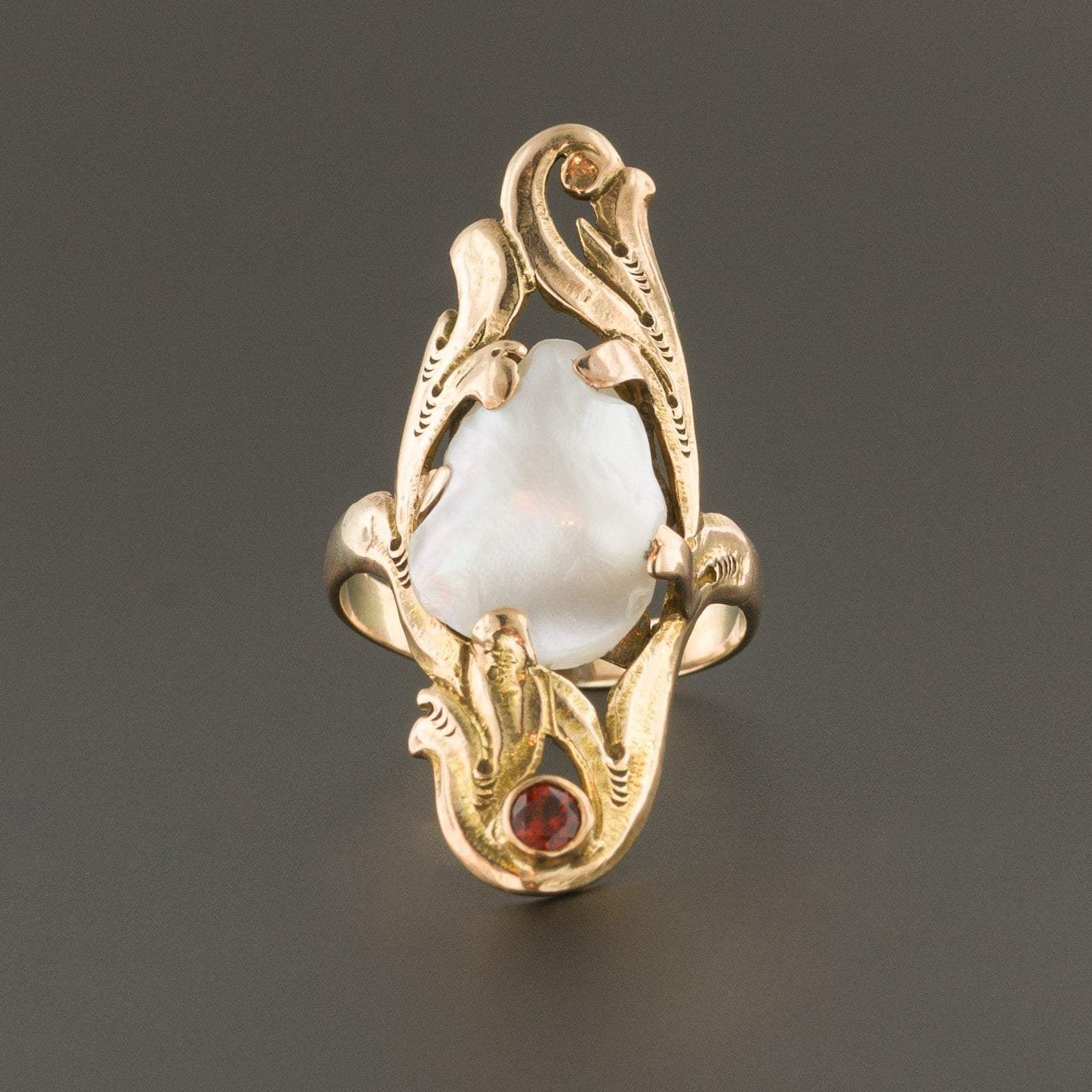 Baroque Pearl & Garnet Ring | 10k Gold Ring - Trademark Antiques