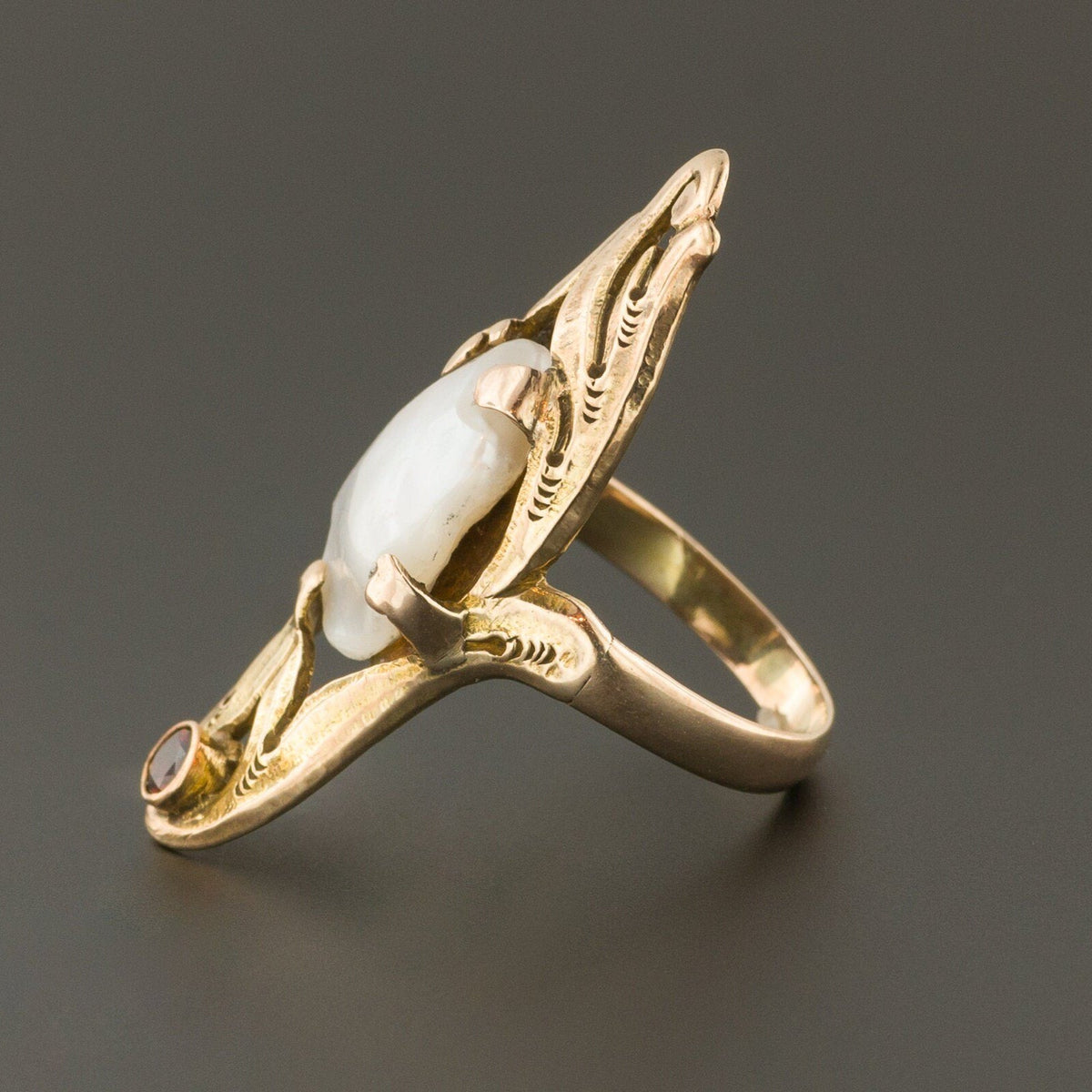 Baroque Pearl &amp; Garnet Ring | 10k Gold Ring - Trademark Antiques