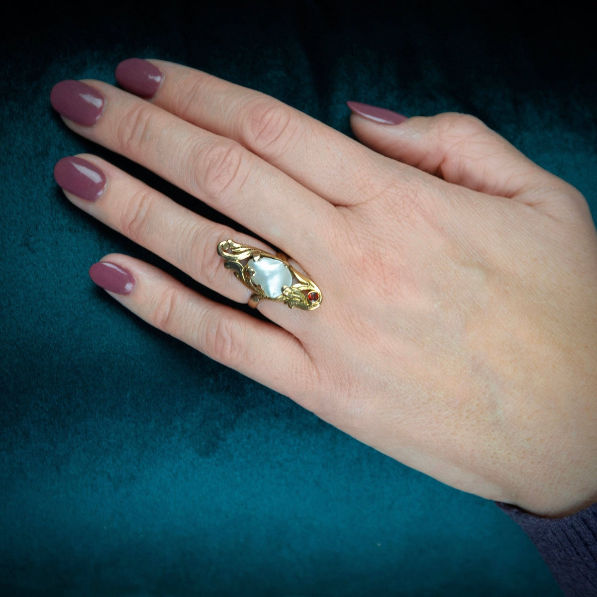 Baroque Pearl &amp; Garnet Ring | 10k Gold Ring - Trademark Antiques