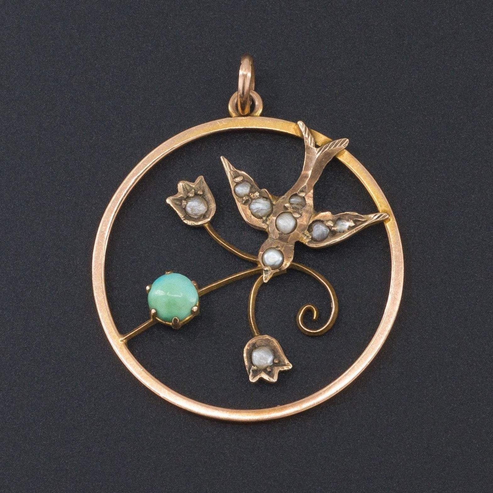 Bird Charm | Antique Pearl & Turquoise Bird Charm - Trademark Antiques