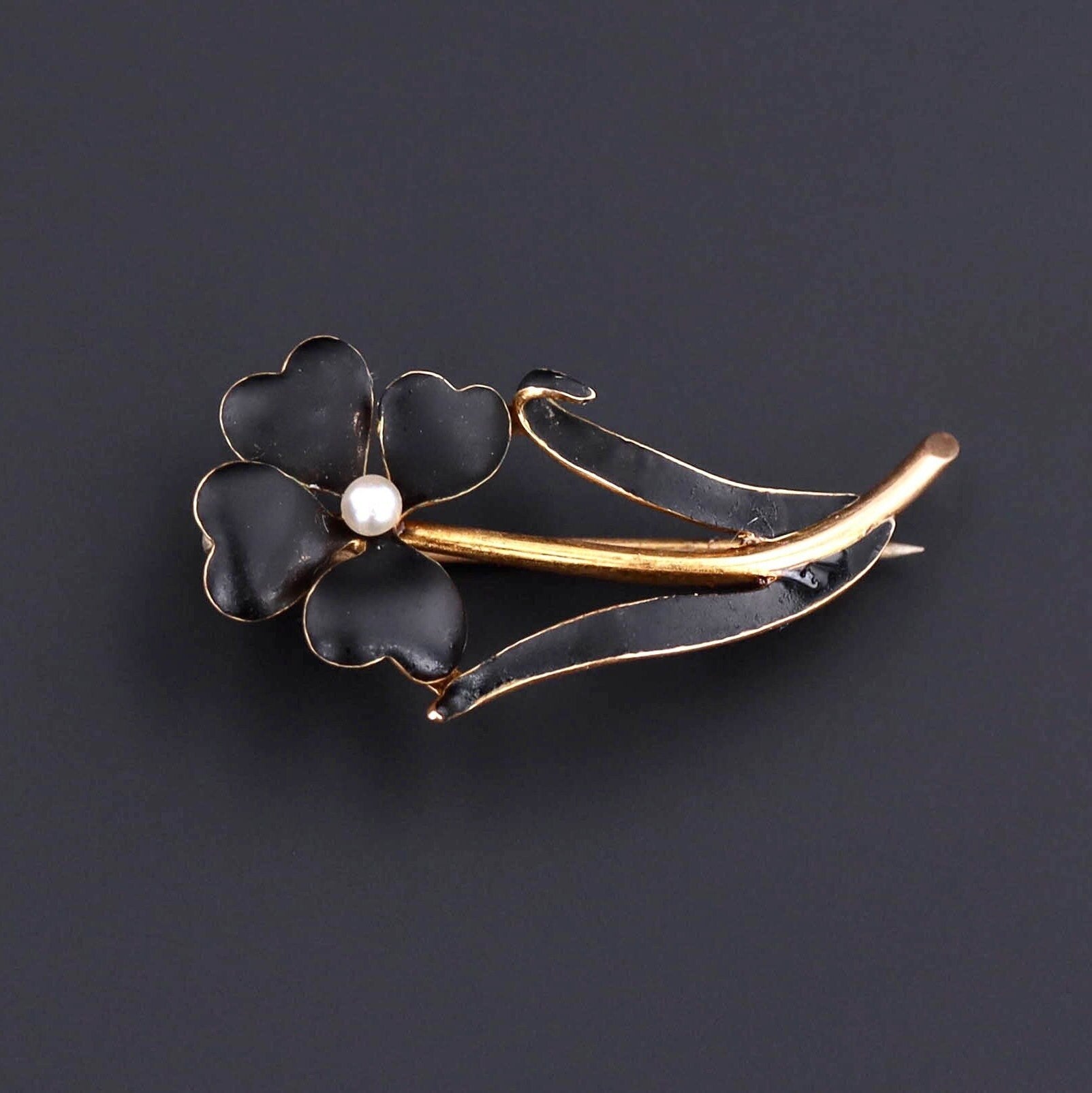 Black Enamel Flower Brooch | 14k Gold Brooch - Trademark Antiques