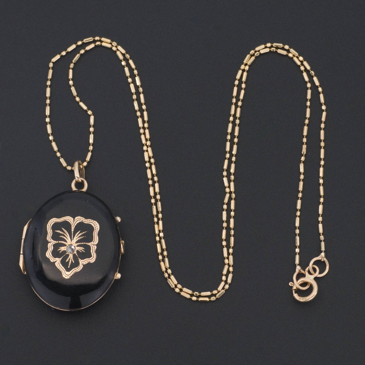 Black Enamel Pansy Locket | Antique Locket - Trademark Antiques