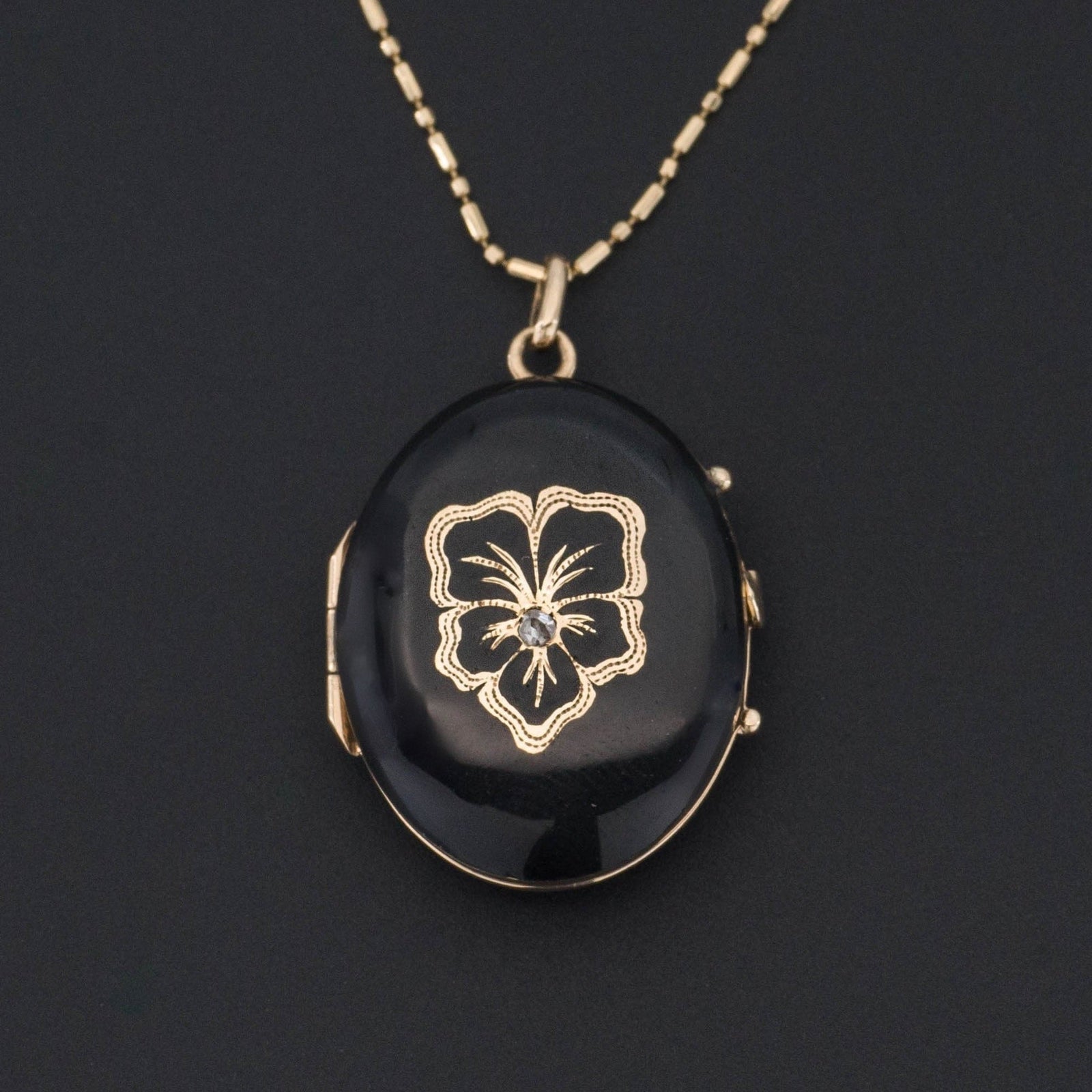Black Enamel Pansy Locket | Antique Locket - Trademark Antiques
