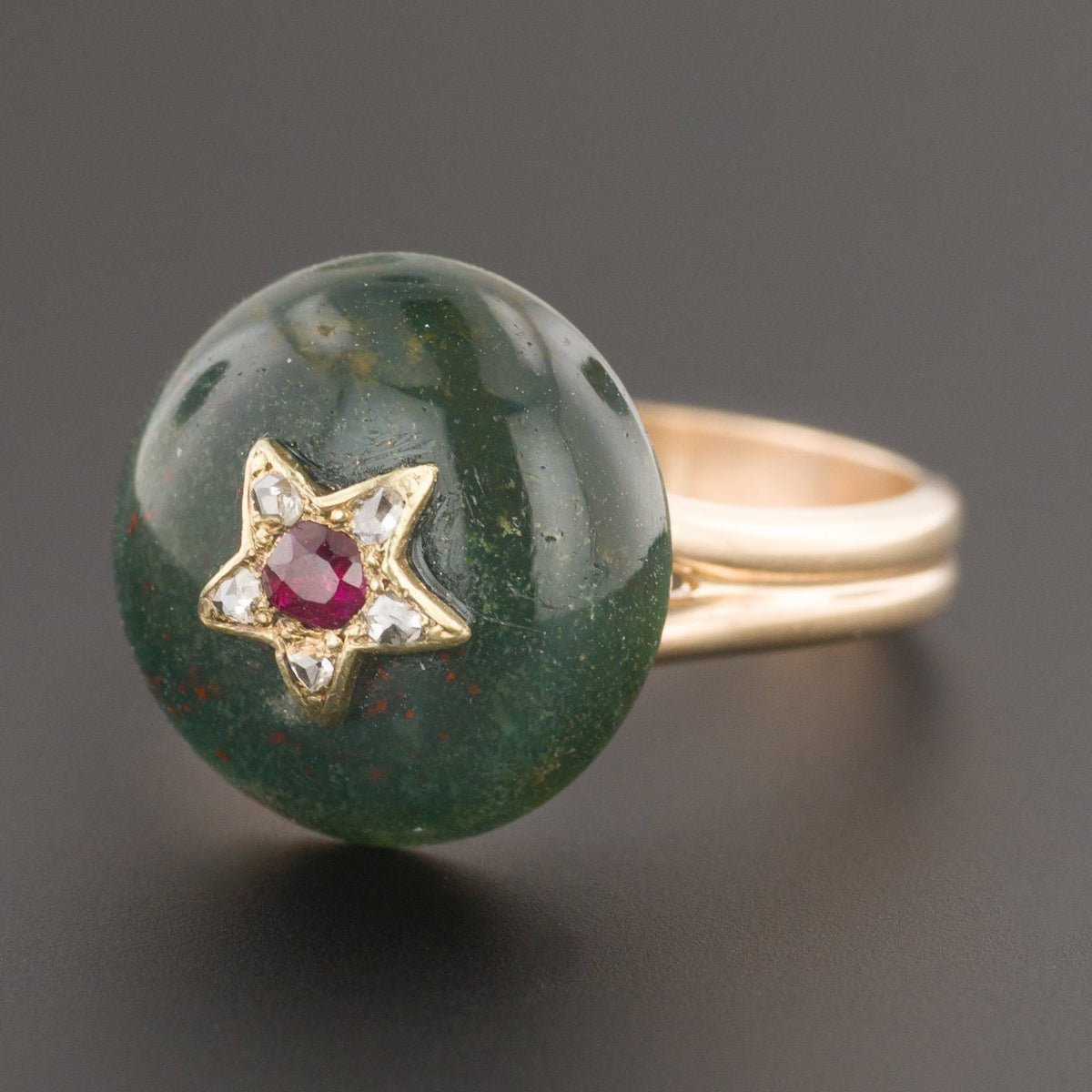 Bloodstone Ring | 14k Gold Bloodstone Ring with Ruby Star &amp; Diamonds - Trademark Antiques